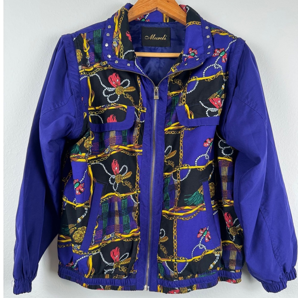 Mureli Bomber Jacket Womens L Blue Excellent Vintage Scarf Print Studded Zip Up